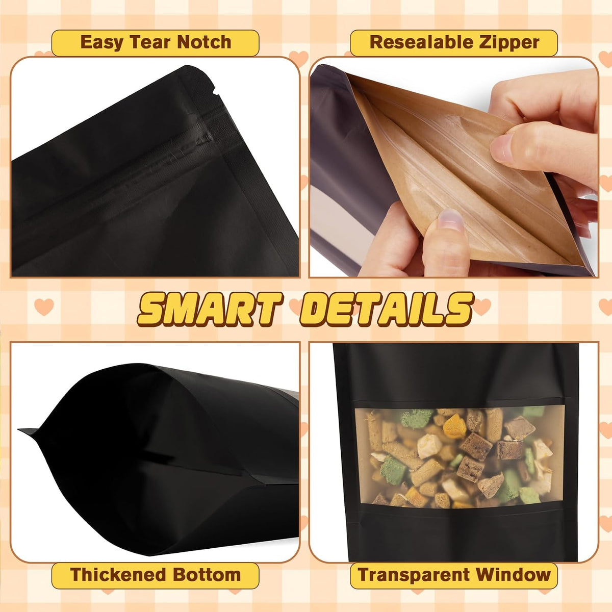 JETMORE 50 Pack Cookie Bags, Resealable Pouches for Food Storage, 4x6in | Treat bags and candy bags suit snacks, favors and samples, Stand up pouches keep packaged goods upright for retail display