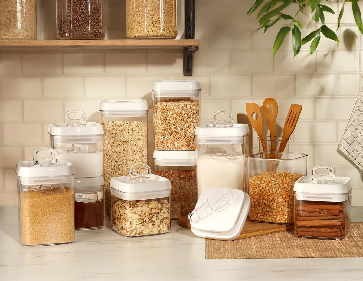 Felli Flip Tite Food Storage Container with Scoop & Lid 5" LARGE Airtight Ring Top, Acrylic Canister Jar for Sugar Flour Baking Powder Protein Rice Pasta Kitchen Organizer Gift Set (10pk, Variety)