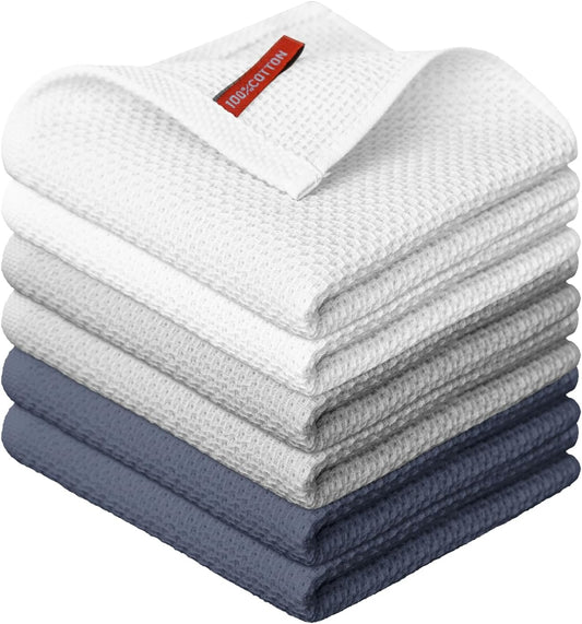 Artoid Mode 100% Cotton White Light Dark Grey Waffle Weave Kitchen Dish Cloths, 12x12 Inch Ultra Soft Absorbent Quick Drying