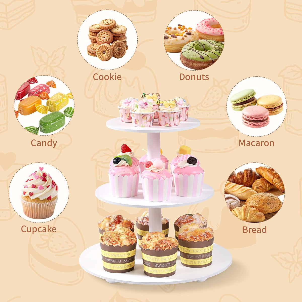 VIVIRBIEN 3-Tier Wood Cupcake Stand: 12in White Round stand for cupcake | Holds up to 33 Cupcakes-Easy to Assemble with Instruction-Tiered Cake Stand-Ideal For Wedding/Party/Birthday/Home Decor