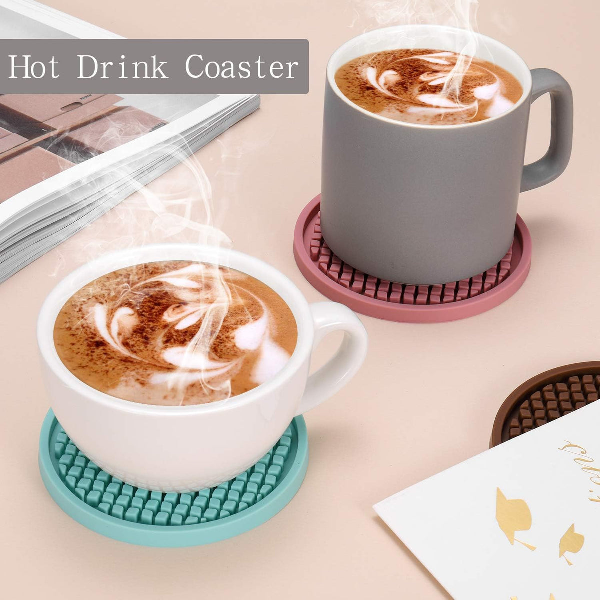 ME.FAN Silicone Coasters [6 Pack] Thickened Drink Coasters with Holder - Cup Mat - Non-Slip, Non-stick, Stay Put, Deep Tray - Prevents Furniture and Tabletop Damages(Gray)