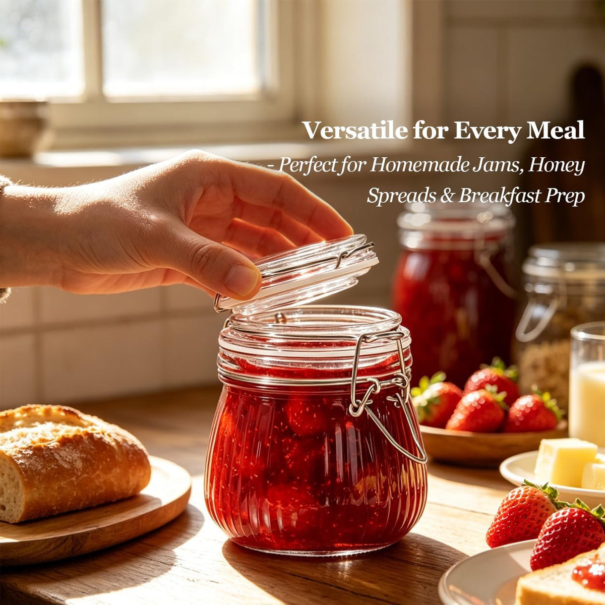 ComSaf Ribbed Glass Jars with Airtight Lids 17oz 6 Pack Wide Mouth Pickling