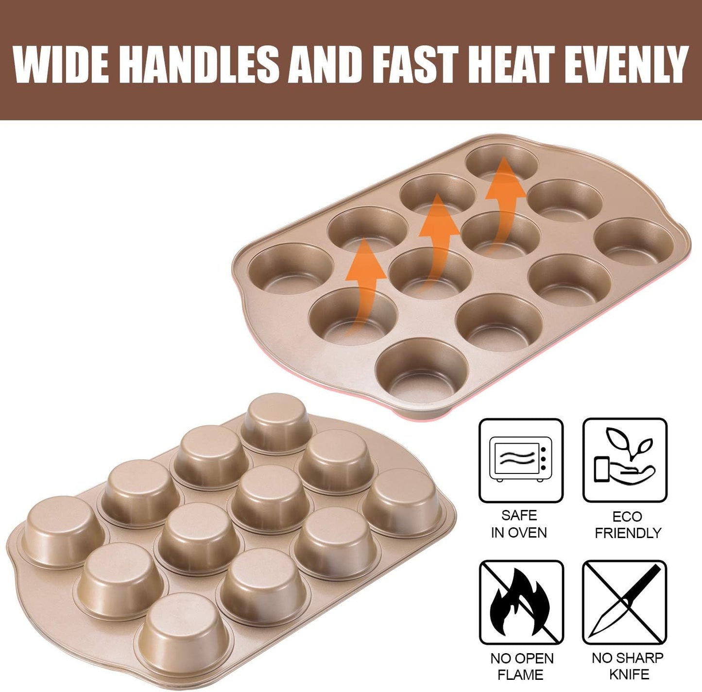 2 Pack Nonstick Muffin Pan Set, 12-Cup Heavy Duty Cupcake Baking Pan with Handles - PFOA-Free Muffin Tin, Rust Proof &amp; Warp Resistant, Oven Safe 430°F (Gold)