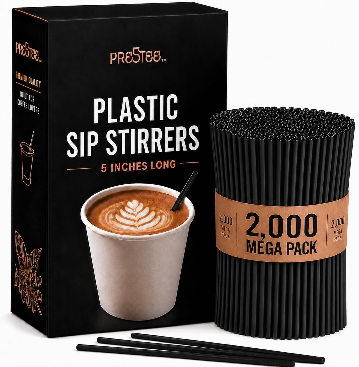 Prestee Plastic Coffee Stirrers, 2000ct, 5" - Plastic Straws, Drinks and Coffee Stir Sticks, Cocktail Swizzle Sticks, Disposable Stir Stick, Drinking Straws for Cocktails (Black)
