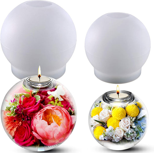 2 Pcs Tealight Candle Holder Resin Molds, Set of Large + Small Sphere Candlestick Silicone Molds for DIY Round Crystals Ball