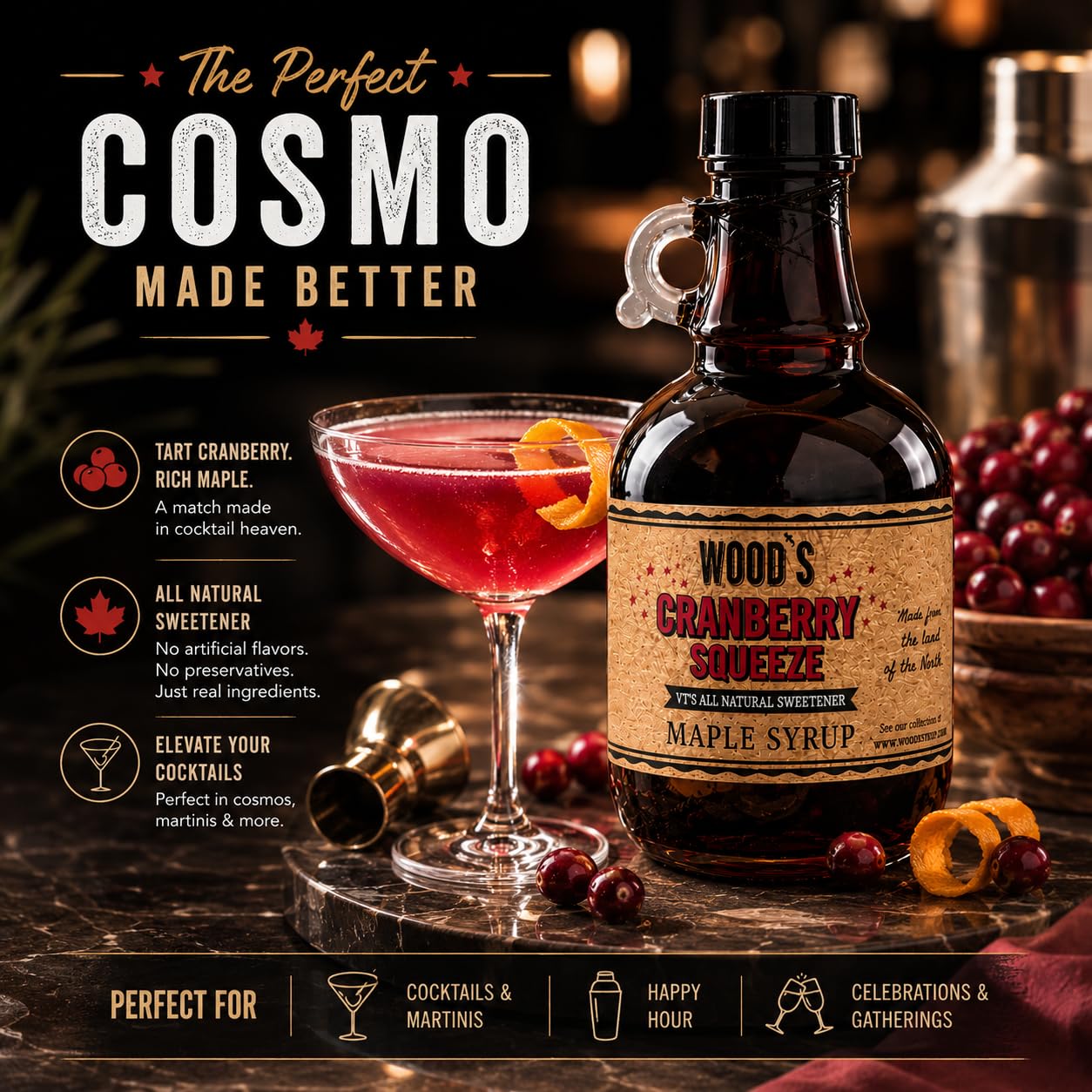 WOOD'S Cranberry Squeeze Maple Syrup – Small-Batch Vermont Maple Syrup Infused with Tart &amp; Tantalizing Cape Cod Cranberries | All-Natural Vegan Sweetener for Pancakes, Cocktails, Glazes &amp; Baking | 8.45 Fl Oz (250mL)
