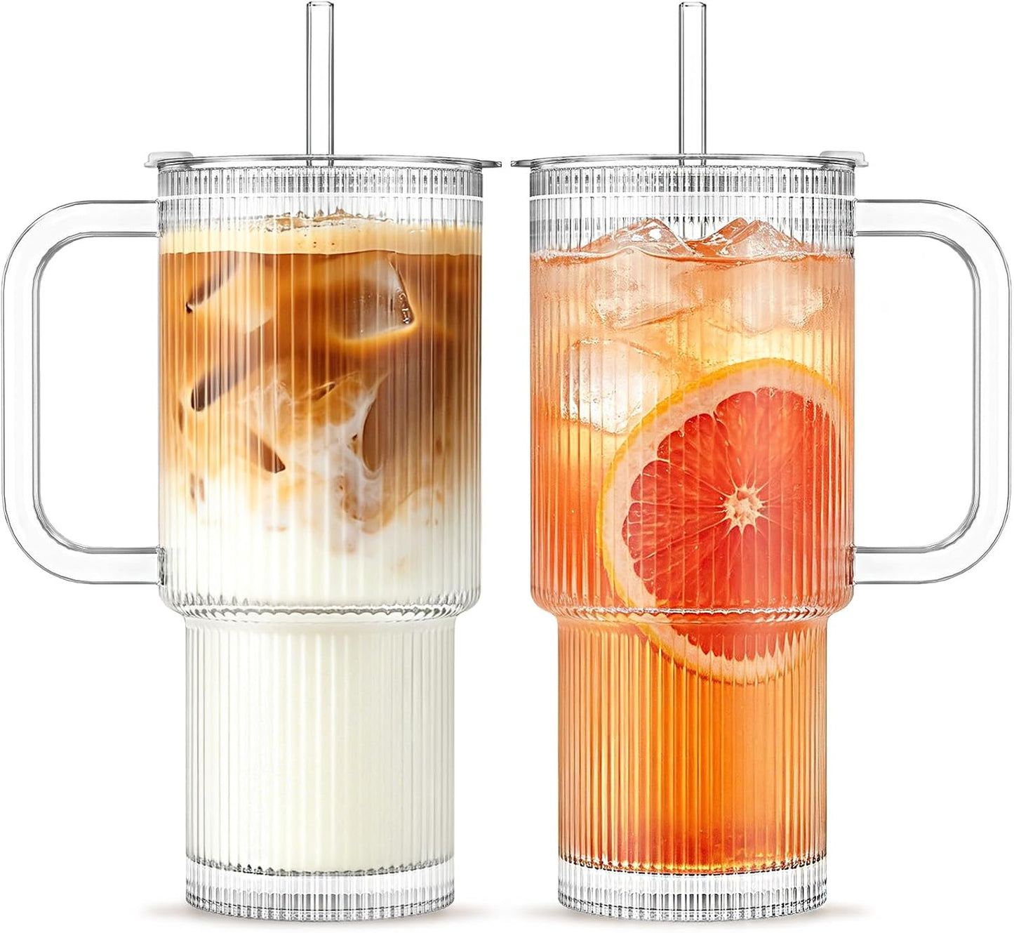 INSETLAN 24 oz Ribbed Glass Tumbler with Handle, 2-Pack Iced Coffee Cups | Modern Glass Cups with Lids and Straws for Cold &amp; Hot Beverages, Aesthetic Travel Cup for Smoothies, Tea, and Juice