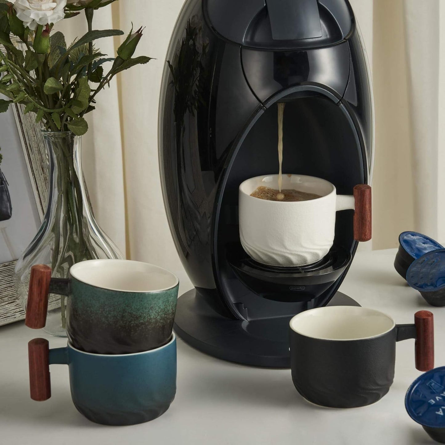 2.5oz Ceramic Espresso Cups with Wooden Handle, Small Coffee Cups Double Shot Espresso Cups Set of 4