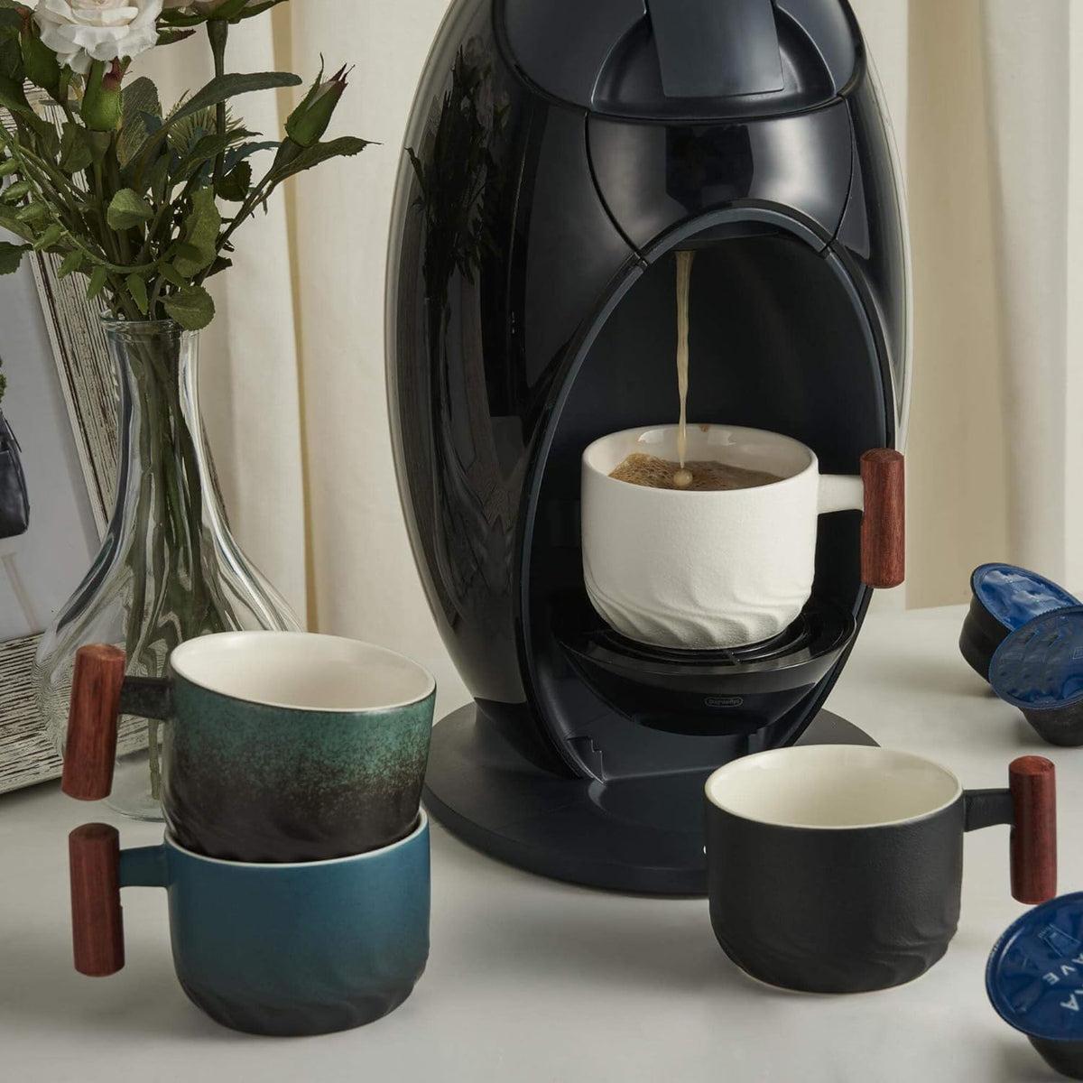 2.5oz Ceramic Espresso Cups with Wooden Handle, Small Coffee Cups Double Shot Espresso Cups Set of 4