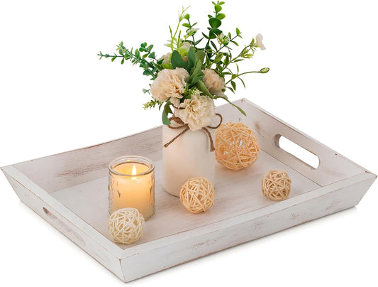 Hanobe Decorative Wooden Serving Tray: Rustic Wood Ottoman Trays for Coffee Table Rectangular Tray with Handles for Living