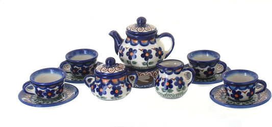 Blue Rose Polish Pottery - Blue Aztec Flower Miniature Tea Set - 1 Set - Polish Pottery Collectible Tea Set with Teapot &