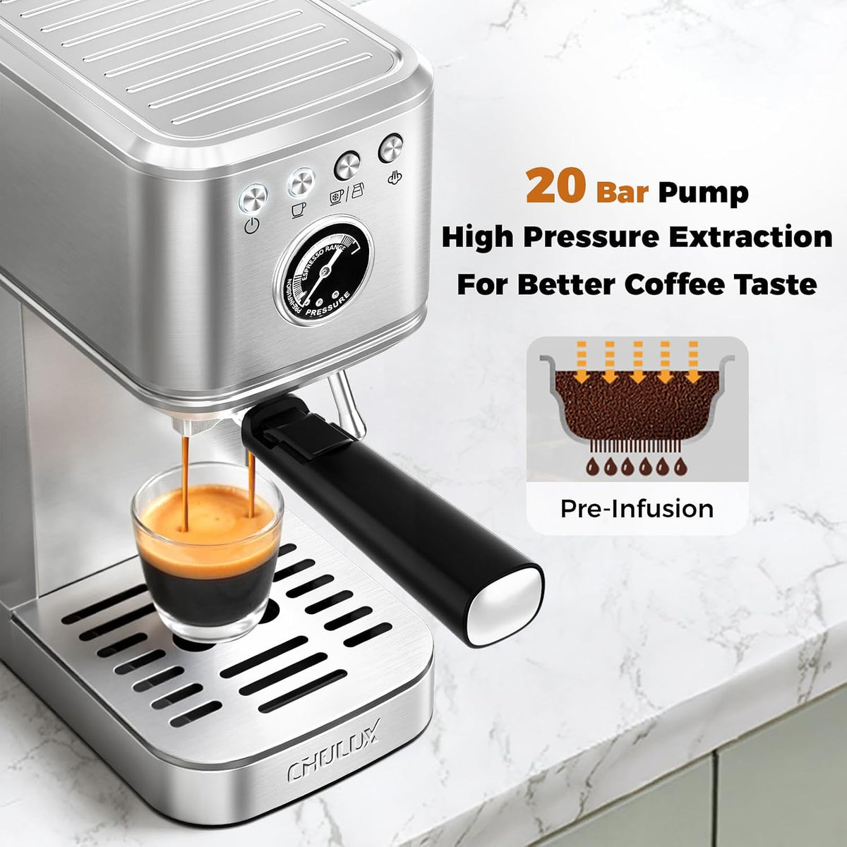 CHULUX Elite Espresso Machine for Latte, Americano and Iced Coffee, Silver