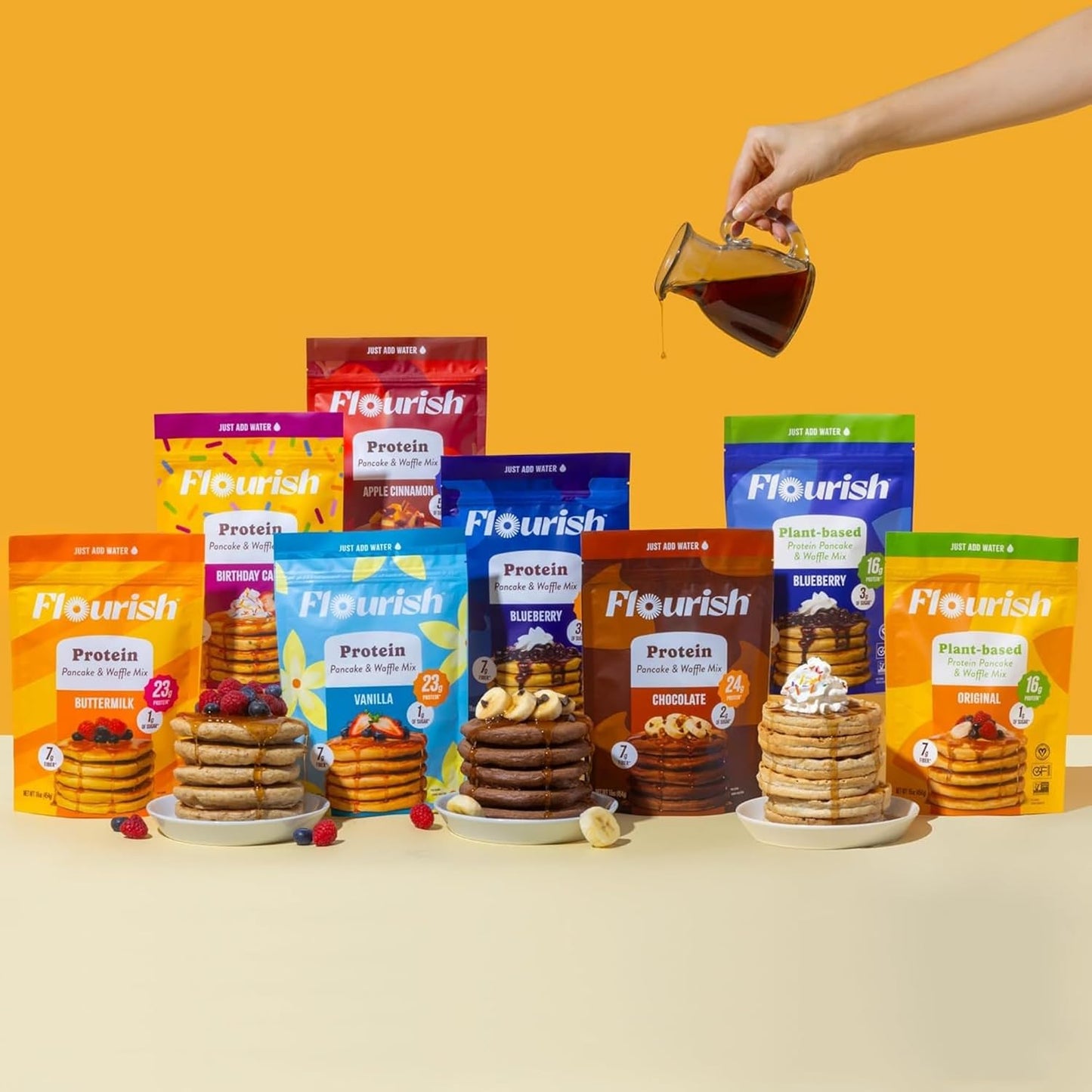 Flourish Plant-Based Protein Pancake &amp; Waffle Mix, Gluten-Free, Dairy-Free, Nut-Free, Soy-Free, Vegan, Non-GMO, All-Natural Superfood, High Protein &amp; Fiber, Just Add Water - Original, 430 g (2 Pack)