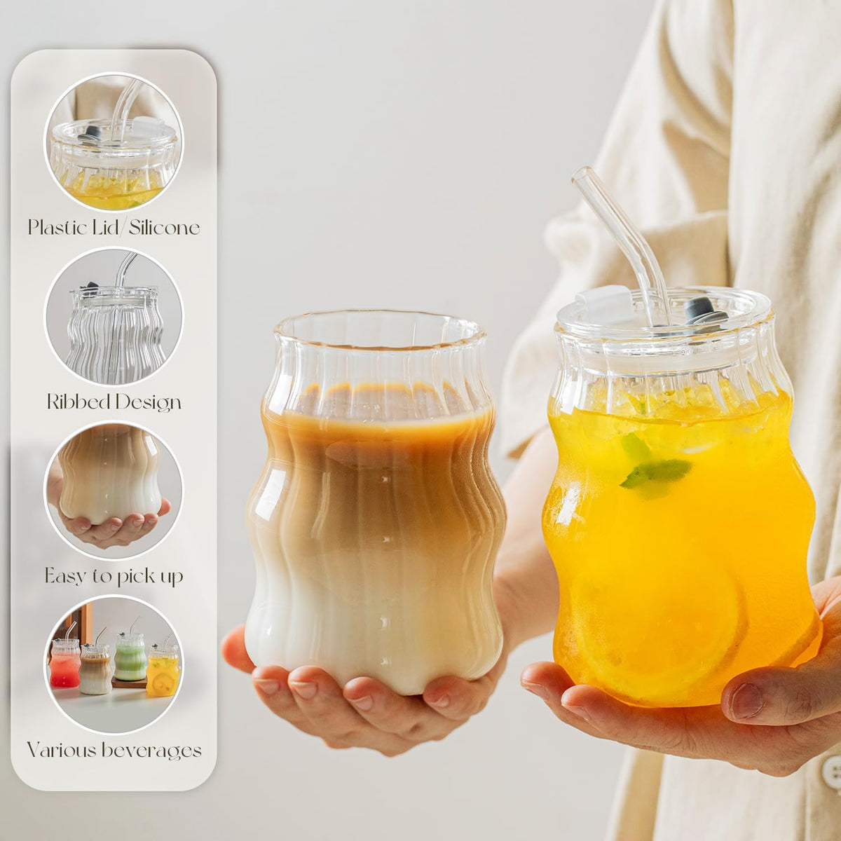 KEMORELA 4PCS Ribbed Glass Cups with Lids &amp; Straws – 18oz Vintage Wavy Coffee Cups, Bubble Glass Aesthetic for Iced Coffee, Clear Ribbed Glasses with Straws, Ideal Drinkware Set