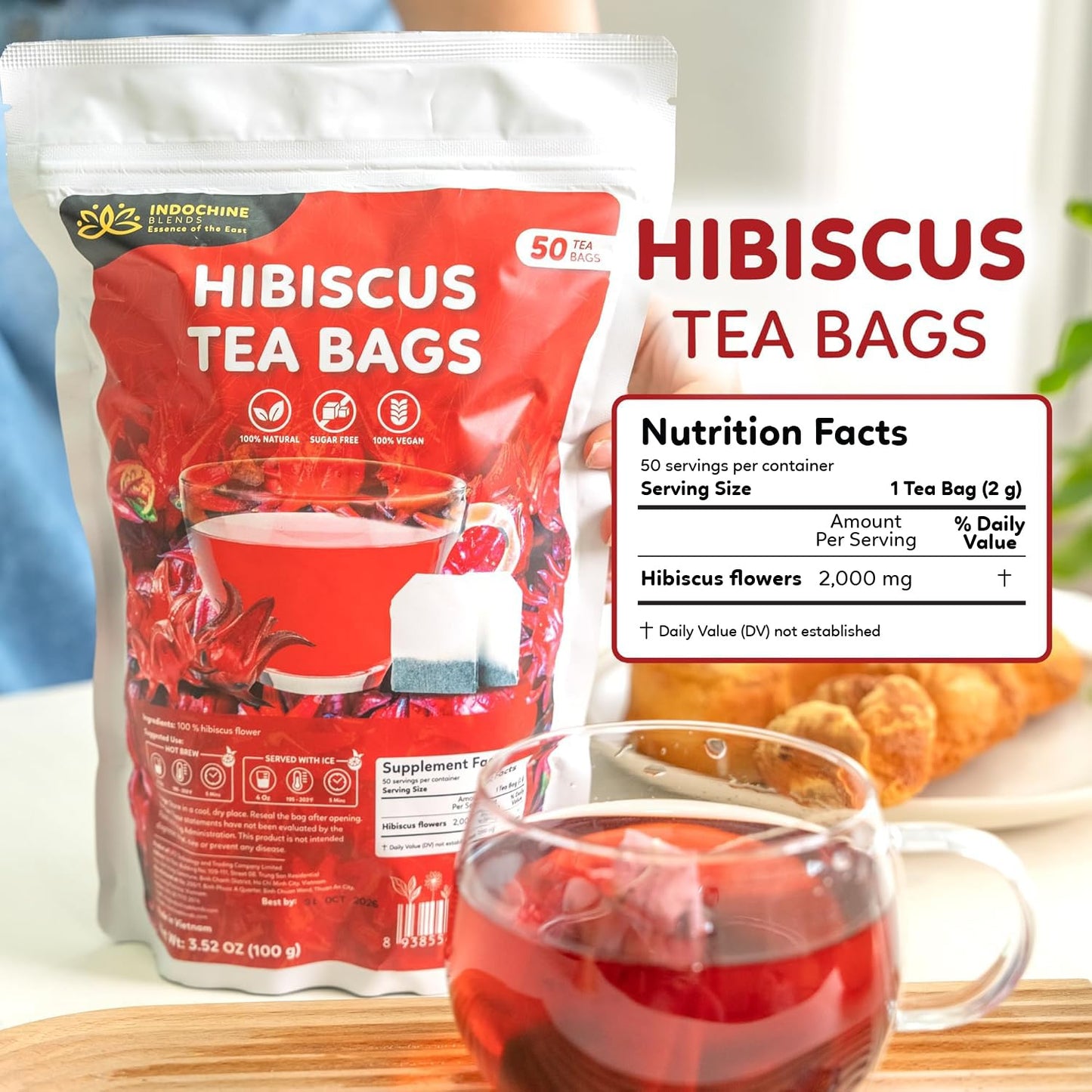 Indochine Blends Hibiscus Tea Bags, 100% Pure Hibiscus Flower, 50 Count | Jamaica Tea, Tart Fruity Flavor, Sugar-Free, Gluten-Free &amp; Vegan, Individually Wrapped, Double Chamber Teabags