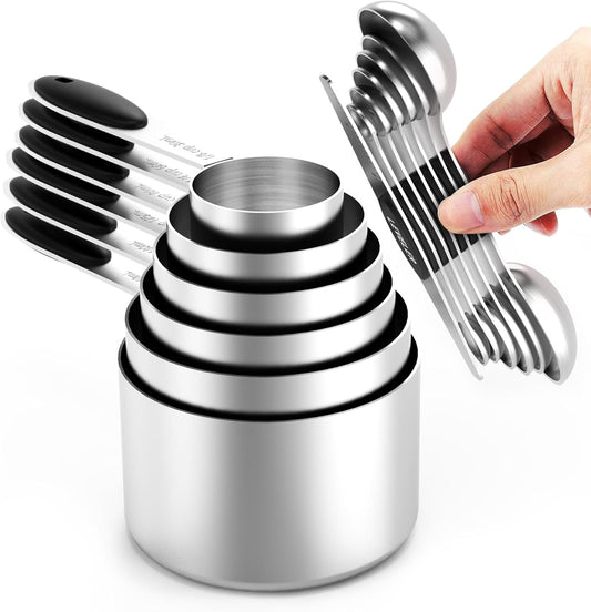 TILUCK measuring cups and magnetic measuring spoons set, stainless steel measuring cups, 6 double-sided stainless steel