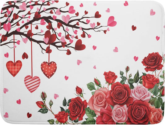 Giwawa Happy Valentines Day Dish Drying Mat for Kitchen Countertop, Red Love Hearts Rose Flowers Dish Drainer Mats, Romantic
