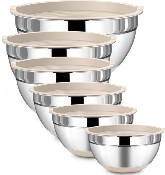 LIANYU Stainless Steel Mixing Bowls Set with Airtight Lids, 6 Piece Nesting Metal Bowls for Kitchen Baking Cooking Serving