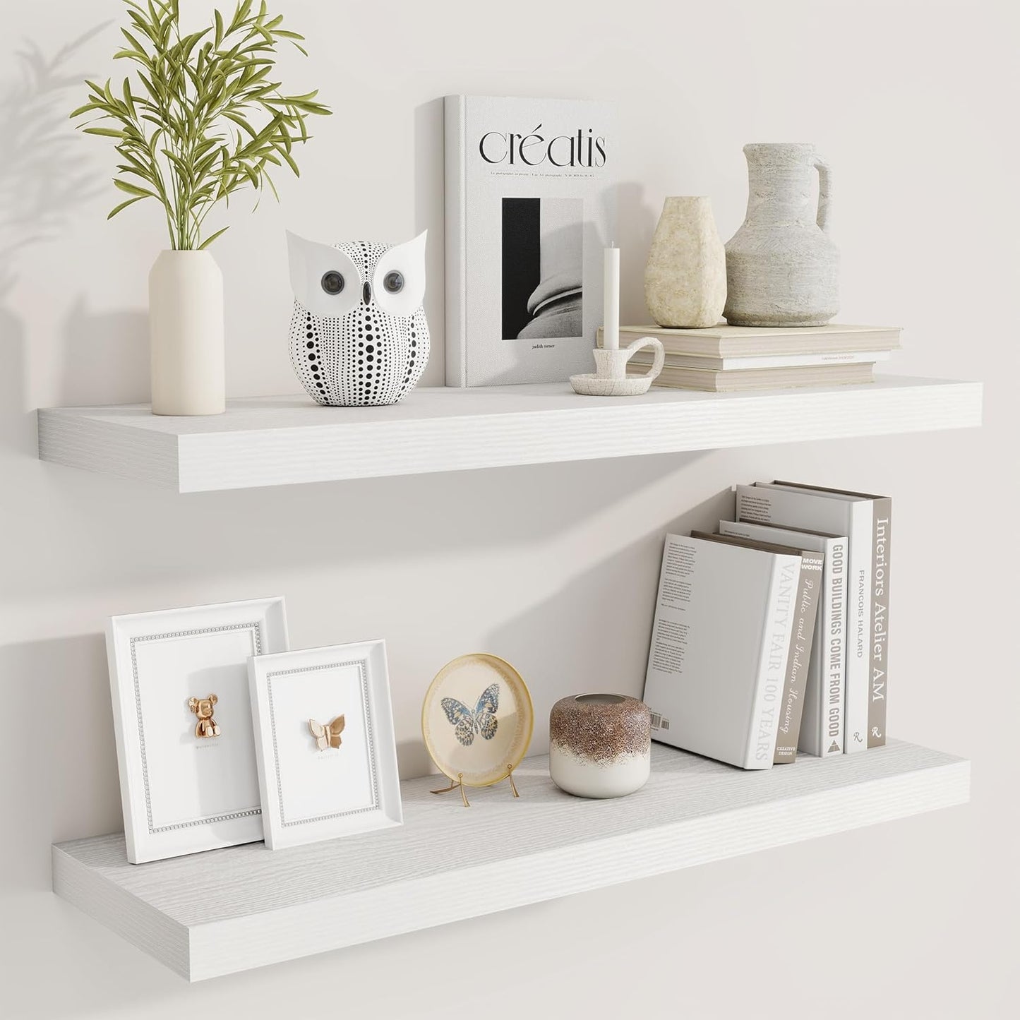 Fun Memories 32 Inch Floating Shelves for Wall, 9 Inch Deep White Rustic Wood Wall Mounted Shelves f