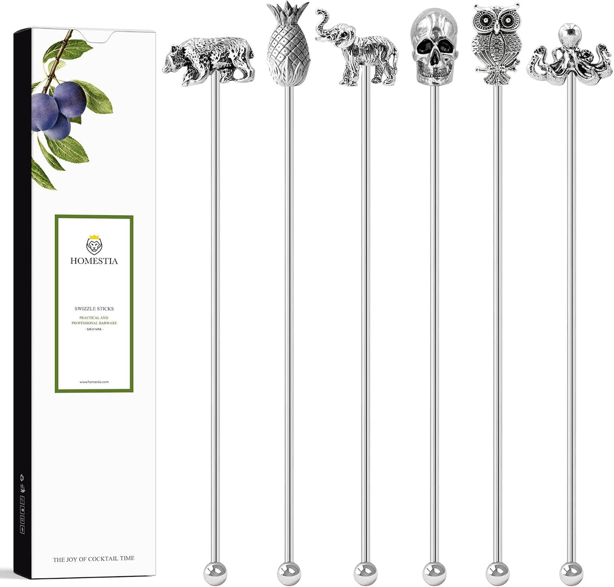 Homestia 6 Pcs 7.5 Inch Metal Stir Sticks, Swizzle Sticks Cocktail Stirrers | Reusable Stainless Steel Coffee Stirrers, Zinc Alloy Animal Head Beverage Drink Stirring Set for Bar Cafe Restaurant Home Use