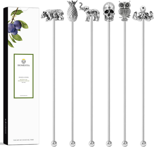 Homestia 6 Pcs 7.5 Inch Metal Stir Sticks, Swizzle Sticks Cocktail Stirrers | Reusable Stainless Steel Coffee Stirrers, Zinc Alloy Animal Head Beverage Drink Stirring Set for Bar Cafe Restaurant Home Use