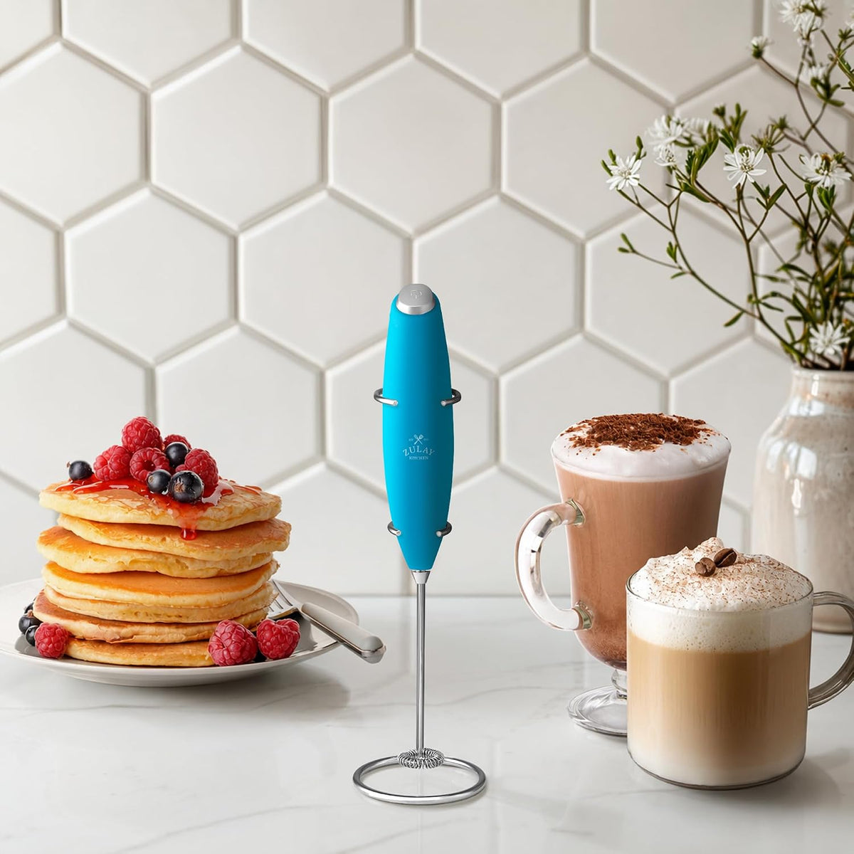 Zulay Kitchen Powerful Milk Frother Wand With Duracell Batteries - Ultra Fast Handheld Drink Mixer - Electric Whisk Foam Maker for Coffee, Lattes, Cappuccino &amp; Matcha - Z1 Motor - Blue Teal