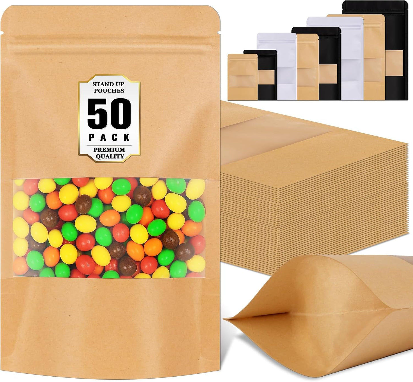 JETMORE 50 Pack Resealable Bags, Stand Up Pouches with Window, 3.5x5.5in