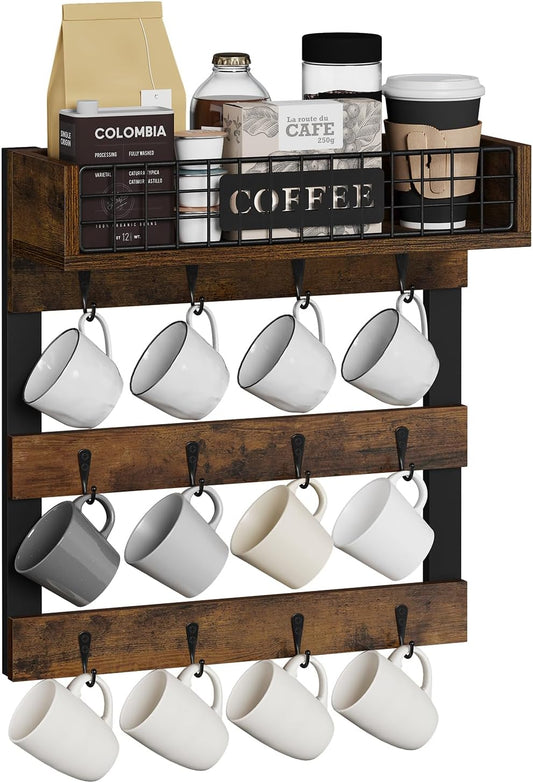 YINMIT Coffee Mug Holder Wall Mounted, Wood Mug Racks with 12 Hooks, Coffee Cup Holder for Wall with Storage Shelf, Cups