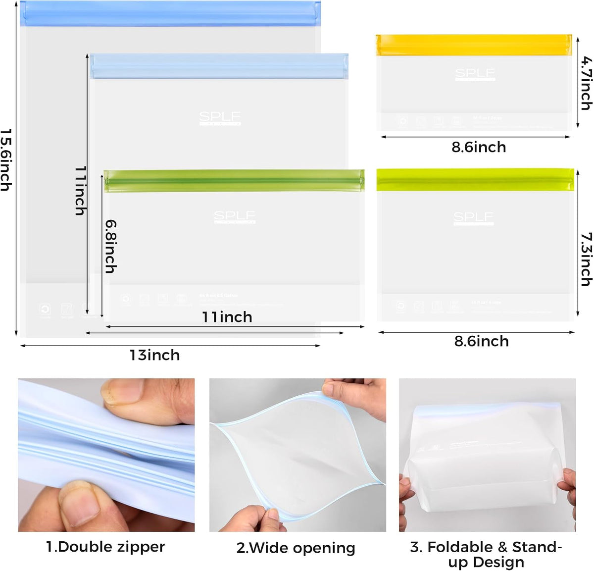 SPLF 6 Pack Stand-Up Reusable 2 Gallon Freezer Bags Dishwasher Safe, Reusable Freezer Bags 2 Gallon, Leakproof BPA Free Food Storage Bags for Marinate Meat, Veggies, Homemade Bread, Snack, Travel Item