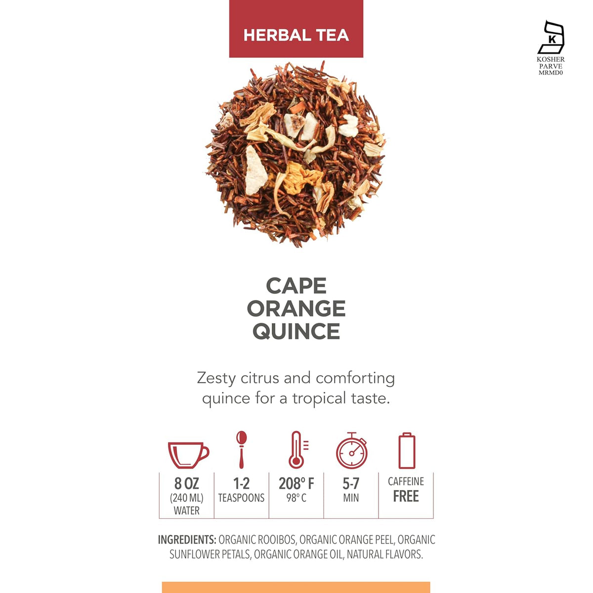 Teabloom Organic Herbal Tea, Cape Orange Quince Loose Leaf Tea, Zesty Citrus and Comforting Quince for a Tropical Rooibos - 3.53 oz/100 g Canister Makes 35-50 Cups