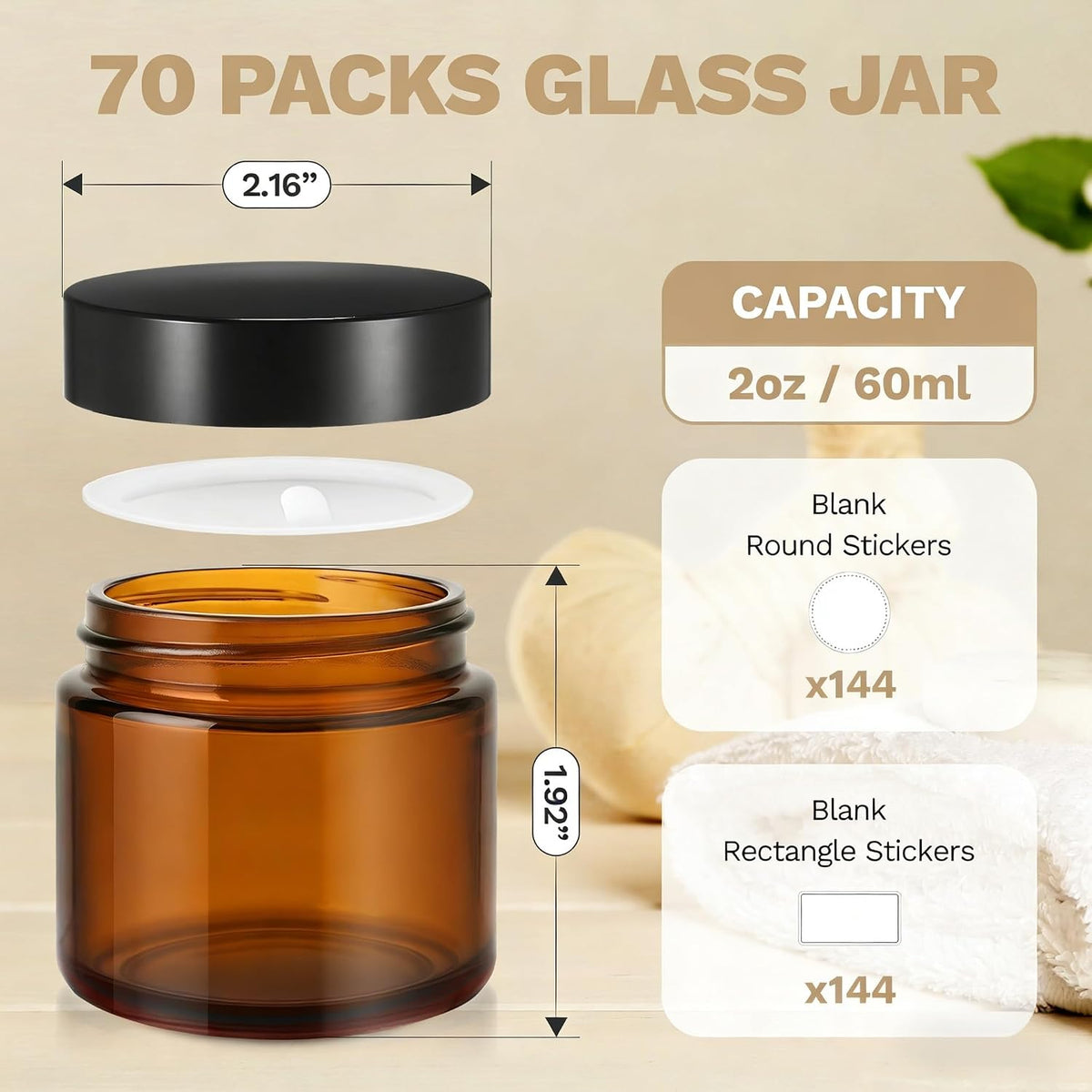 Bumobum 70 Pack 2 oz Amber Glass Jars with Lids, Small Cosmetic Container