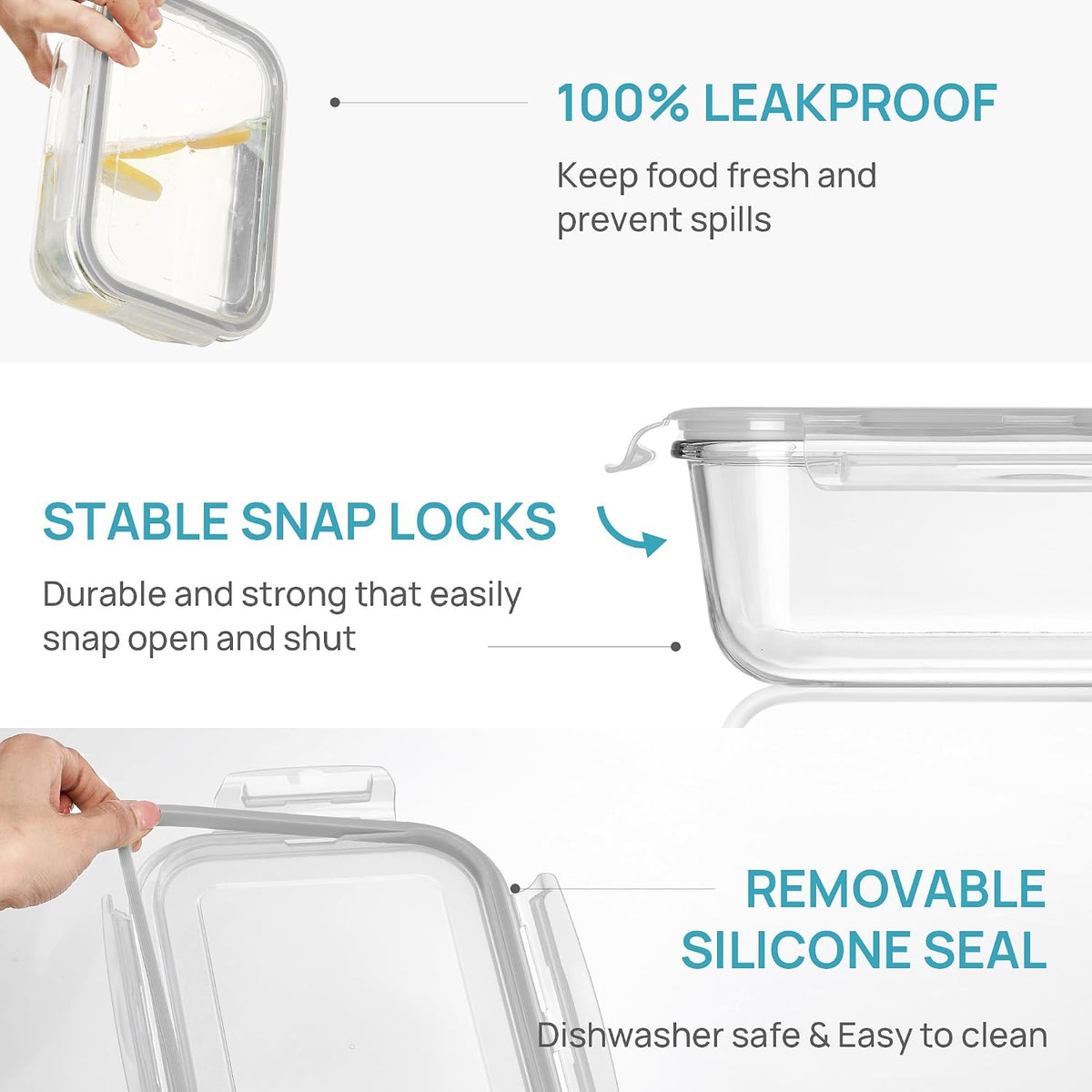 Vtopmart 2Pack 1860ml/ 63oz Large Glass Storage Containers with Lids, Meal Prep Food Container Set with Snap Airtight Lid for Baking, Microwave, Oven, Leak Proof, for Freezer, Dishwasher, Grey