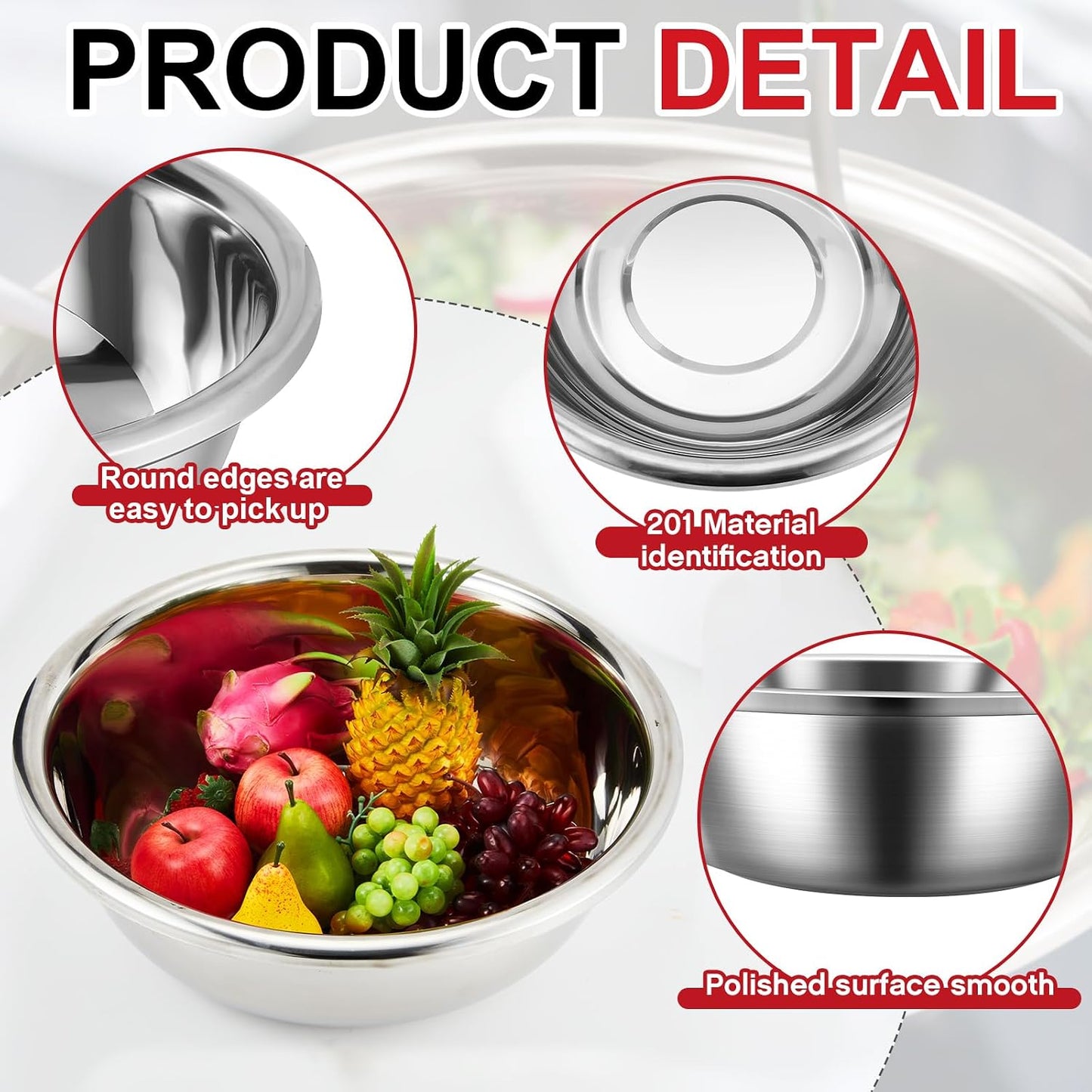 Set of 3 Extra Large Stainless Steel Mixing Bowls Large Mixing Container Easy to Clean, Nesting Bowls for Space Saving Storage for Cooking, Baking(201 Stainless Steel,13, 16, 20 Quart)