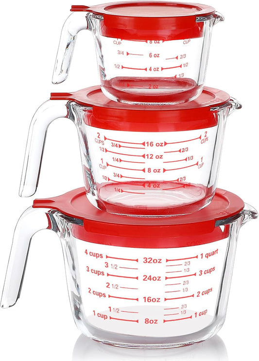 M MCIRCO 6 Pcs Glass Measuring Cups with Lids Set, 1-Cup, 2-Cup, 4-Cup Measuring Jugs with Handle, Nesting Liquid Measuring