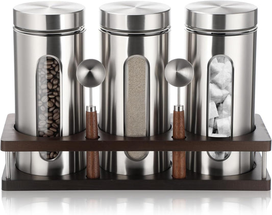 Suclain Stainless Steel Coffee Grounds Canisters with Shelf 3 x 50oz Sugar Coffee Bean Storage Container with Airtight