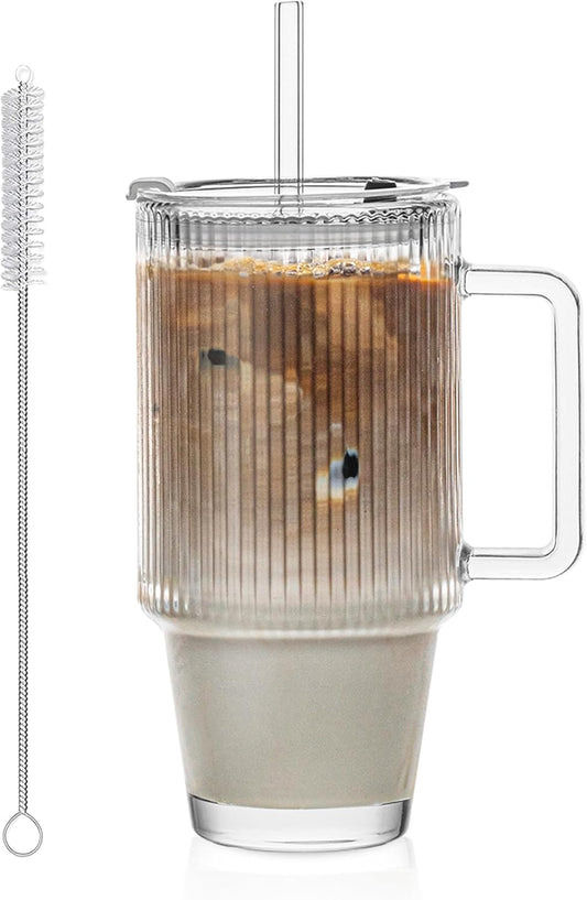 KEMORELA 24 Oz Ribbed Glass Tumblers with Lids and Straws, Tumbler Cup with Handle, Iced Coffee Glassware, Clear Reusable