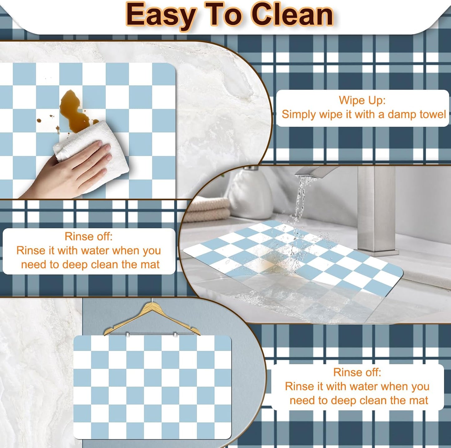 Dish Drying Mat for Kitchen, 16'' x 24'' Checkered Coffee Bar Mat for Countertops, Coffee Station Mat with Non-slip Rubber Backed, Absorbent Dish Dying Pat for Kitchen Counter, Blue &amp; White