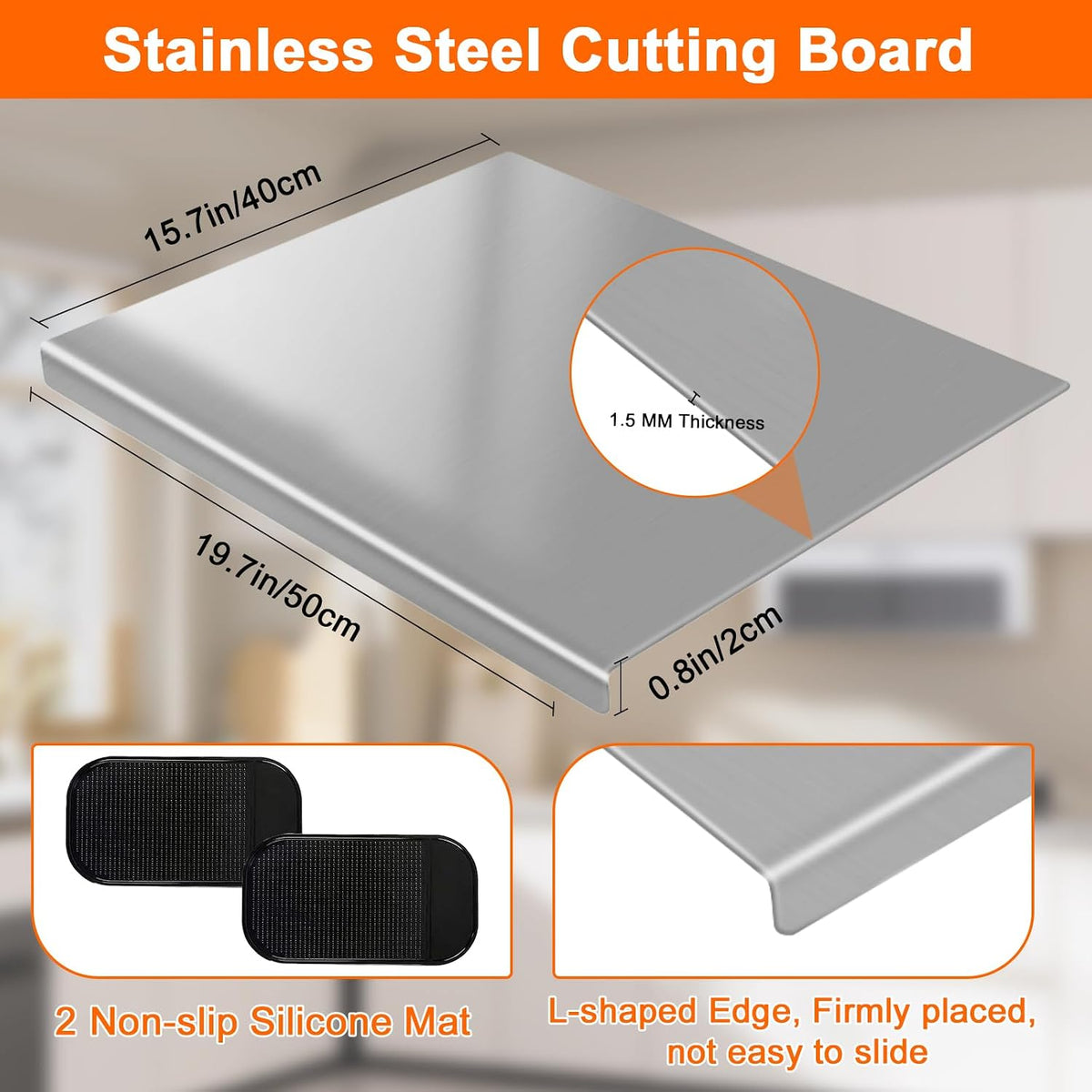 Stainless Steel Countertop Cutting Board with Lip,19.7 * 15.7 * 0.8 Inches