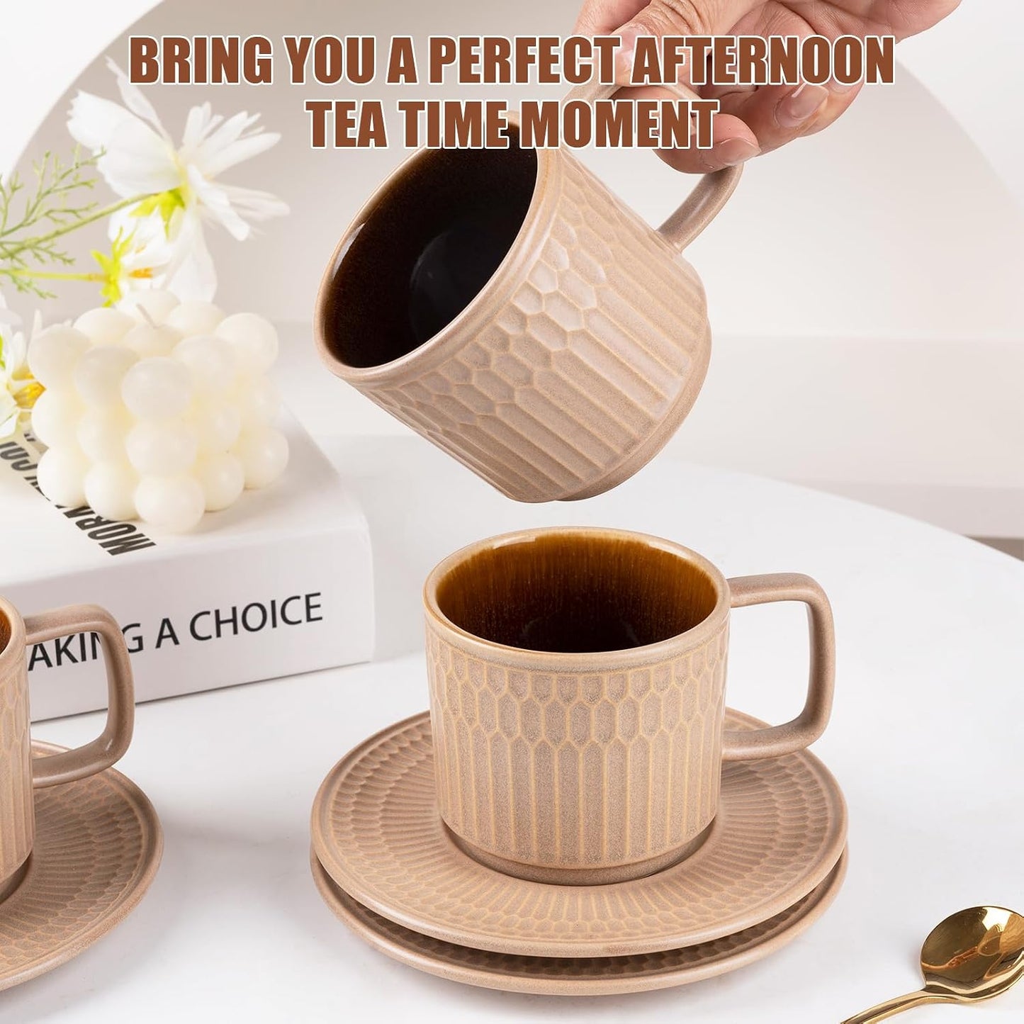 8oz Cappuccino Cups with Saucers Set of 4, 8 Ounce Stackable Embossed Ceramic Coffee Mugs for Specialty Coffee Drinks, Latte Mugs, Cafe Mocha and Tea, Dishwasher &amp; Microwave Safe (Brown)