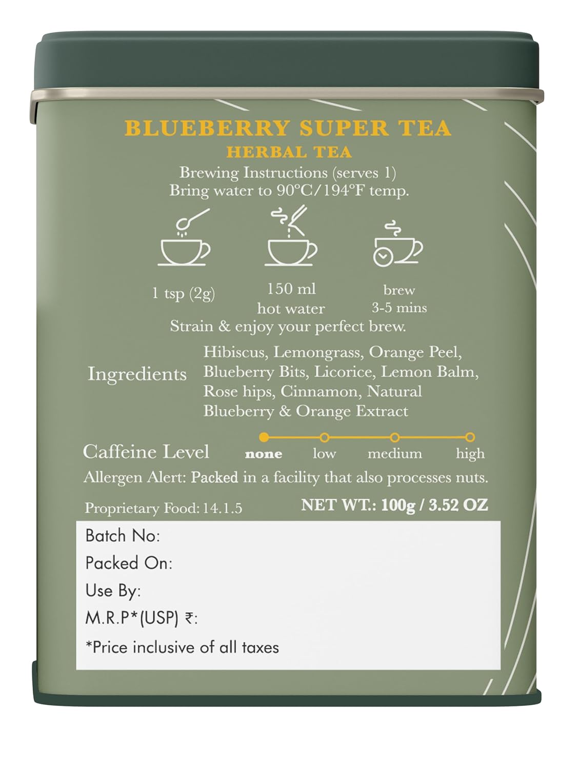 Luxmi Estates Blueberry Super Herbal Tea | Loose Leaf in Resealable Tin Caddy, 100g (3.5oz, ~50 Cups) | Caffeine-Free Fruit Herbal Infusion with Real Blueberry Bits, Hibiscus, Rosehips, Lemongrass, Orange Peel, Licorice, Lemon Balm &amp; Cinnamon