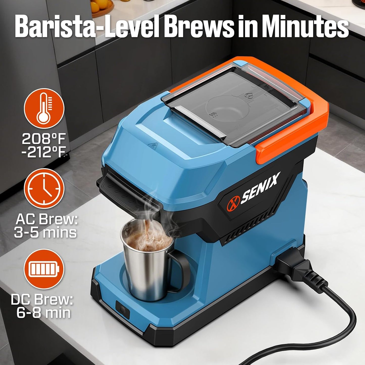 SENIX Portable Coffee Maker with 5000mAh Battery, Dual AC/DC Electric Coffee Machine for Car/RV/Camping, Cordless Outdoor Travel Brewer Compatible with Ground &amp; ESE Pods, Included Cup