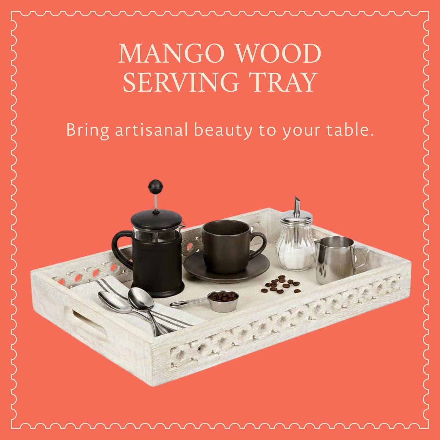Mela Artisans Trellis Mango Wood Serving Tray - Whitewash, 16x12 in | Handcrafted wooden tray with handles for coffee table accents, kitchen countertop storage, snacks and general home decor.