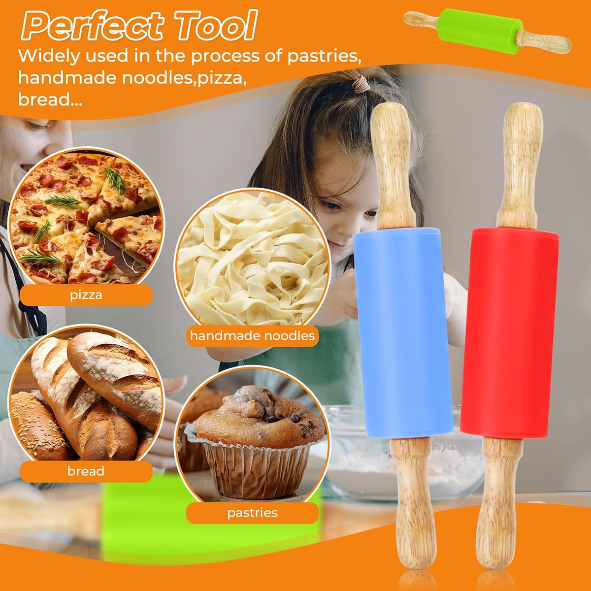 Mini Rolling Pin for Kids, 9 Inch Wooden Handle Rolling Pin | Non-Stick Small Silicone Rolling Pins for Children Cake Pizza Baking Gift