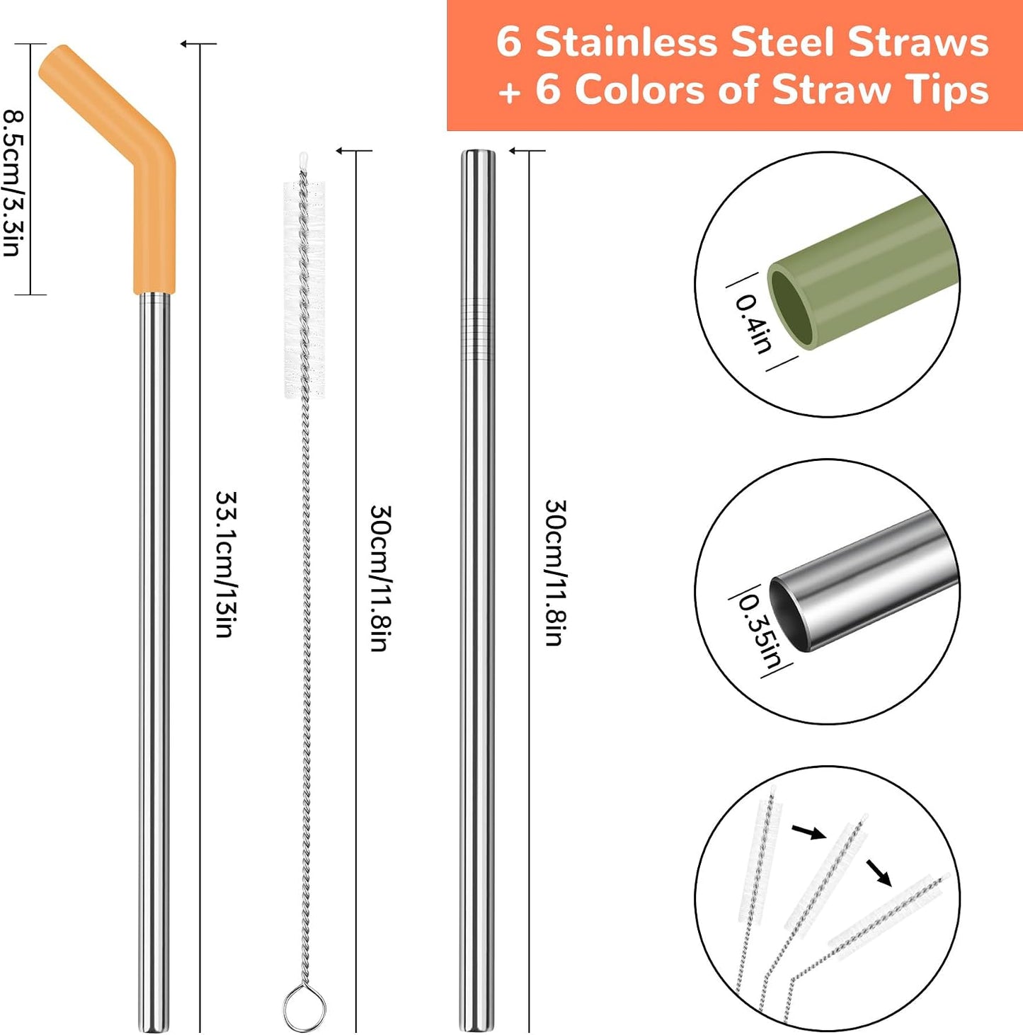 Tomorotec 6PCS Stainless Steel Straws with Silicone Tip Fit for Stanley Cup