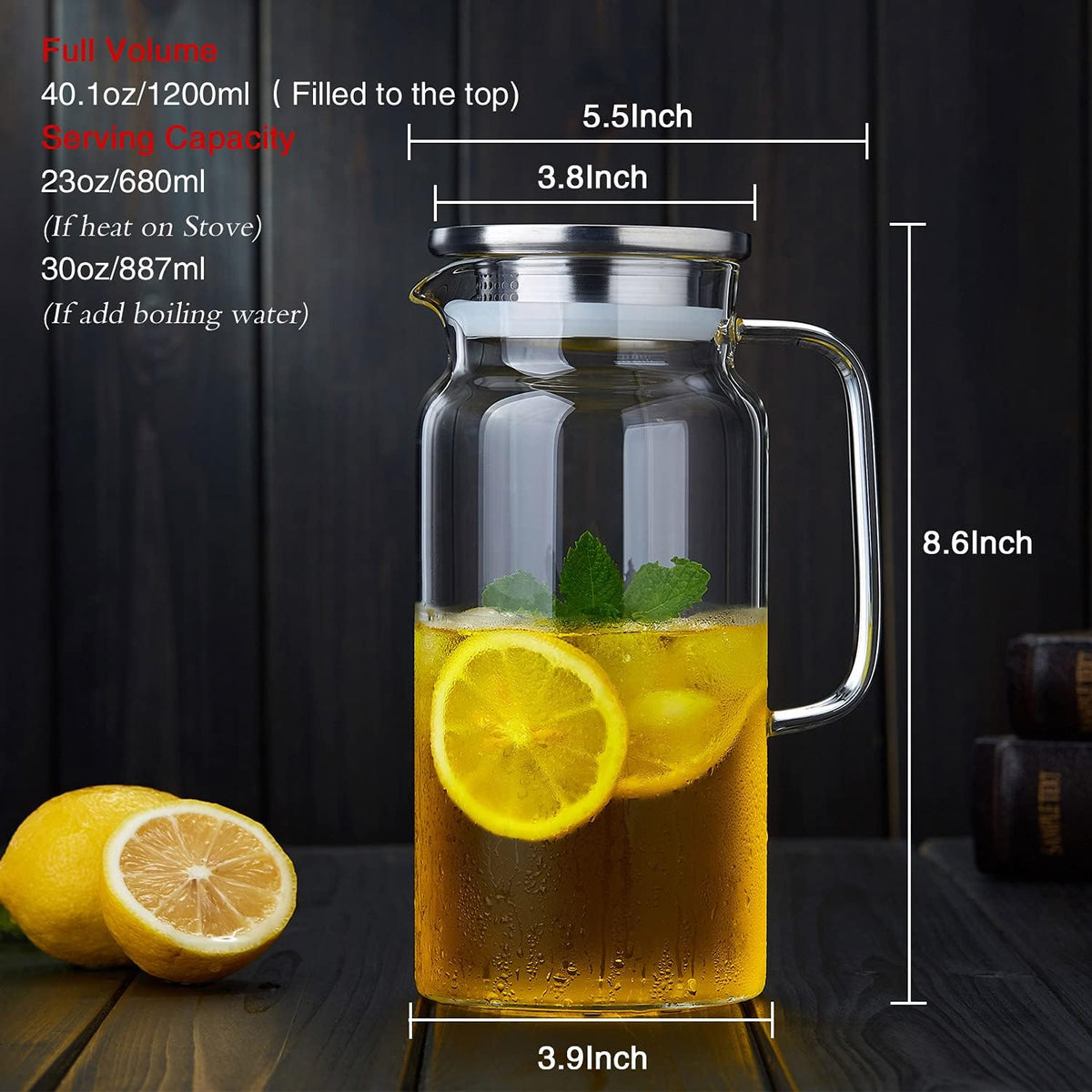 42OZ Glass Pitcher with Lid and Spout, Water Jug, 1250ml Carafe for Hot/Cold Water, Large Iced Tea Pitcher for Coffee, Juice and Homemade Beverage