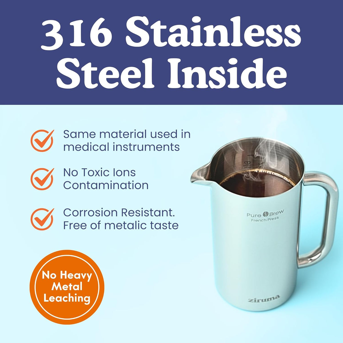 Non-Toxic Stainless Steel French Press, No Plastic or Heavy Metals, 34 oz