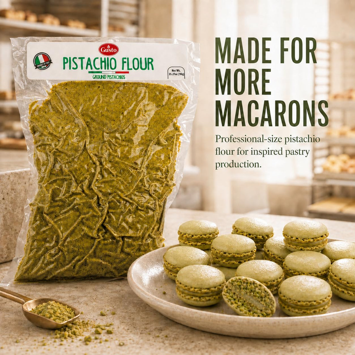 GUSTO ETNA Pistachio Flour, Fine Chopped Pistachio Flour, 2.2 lb | Gluten-Free Ground Pistachio Flour and Powder for Baking and Desserts; Vegan, Non-GMO, Product of Bronte, Sicily, Italy.
