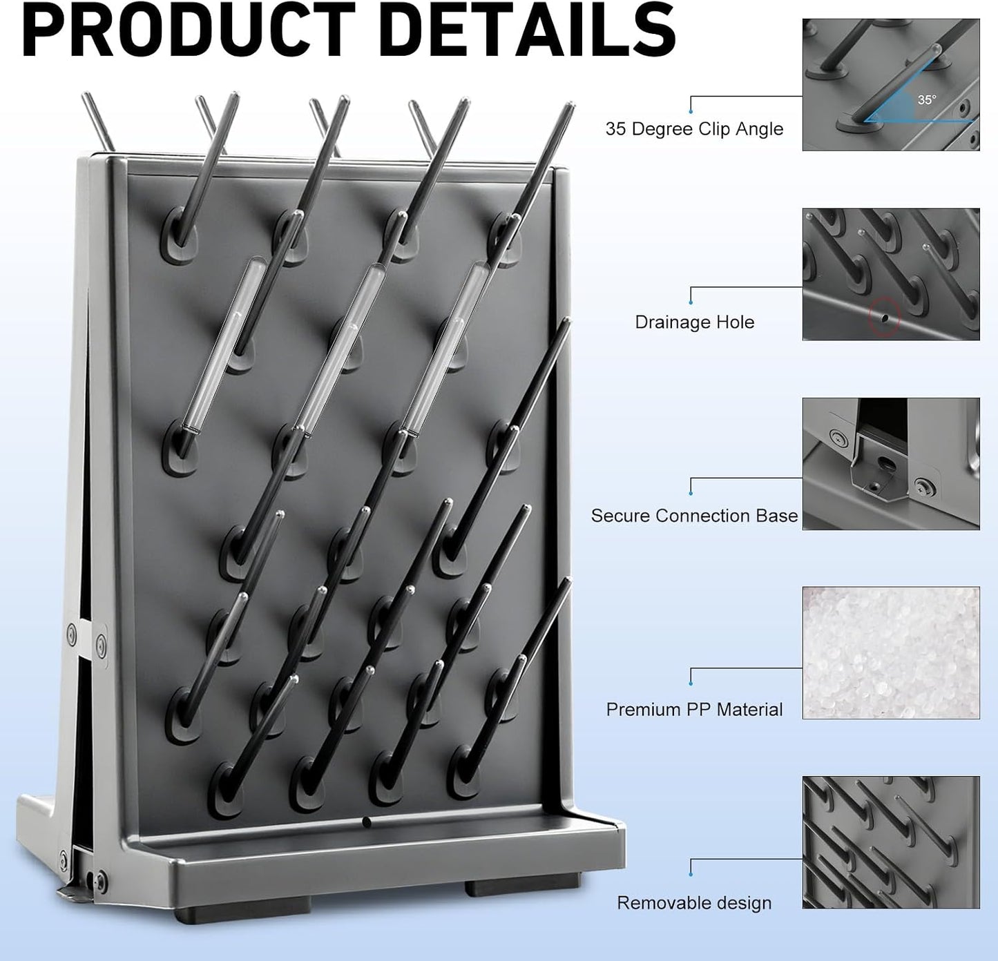 Pushglossy 1 Pcs 54 Pegs Lab Drying Racks Double Sided Pegboard Bench-top Wall-Mount Laboratory Glassware PP Test Tube Drying Draining Rack Cleaning Equipment Detachable