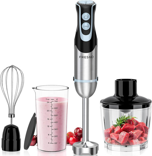 FRESKO Immersion Blender Handheld, 4-in-1 Stainless Steel Hand Electric Stick Mixer with 12-Speeds & Turbo Mode, Powerful