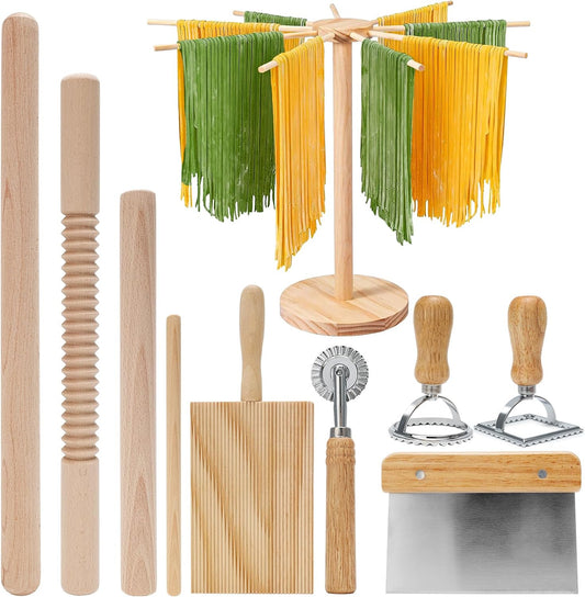 Pasta Making Tools 9 Pcs with Pasta Drying Rack, Threaded Rolling Pin, 2 Rolling Pins, Gnocchi Board, Dough Cutter, Wheel